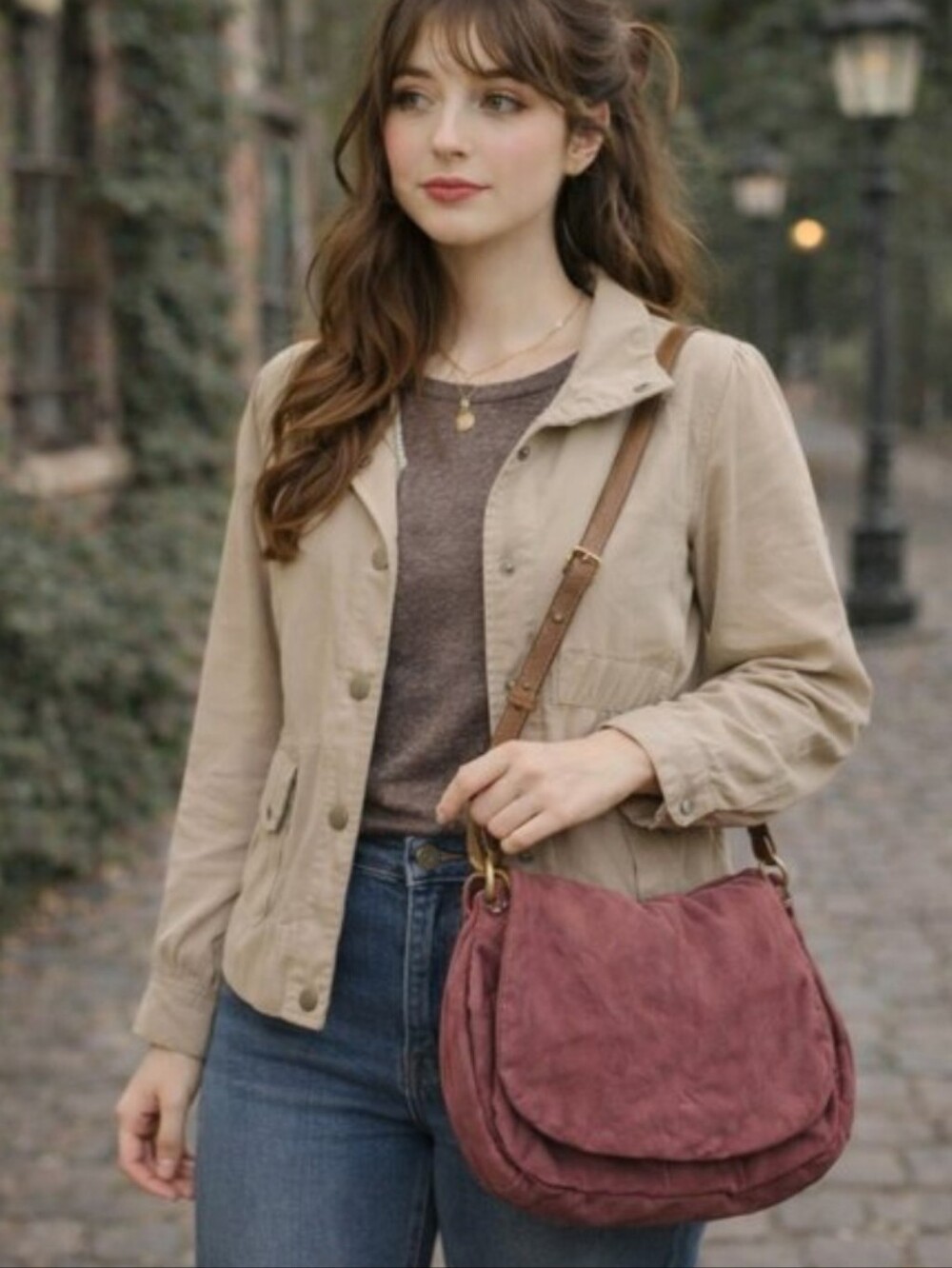Vintage Coldwater Creek Distressed Leather Suede Dark Rose Crossbody Purse